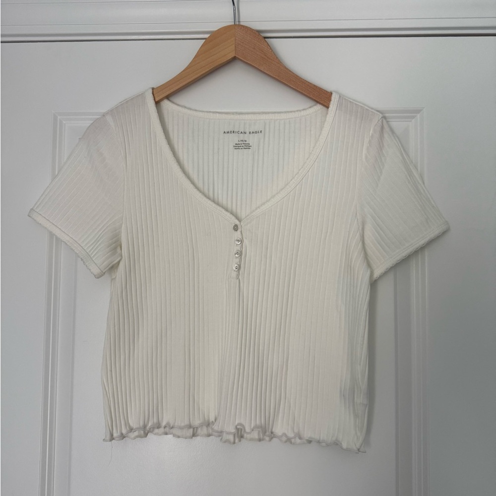 American Eagle Outfitters Women's White Ribbed Short Sleeve Top